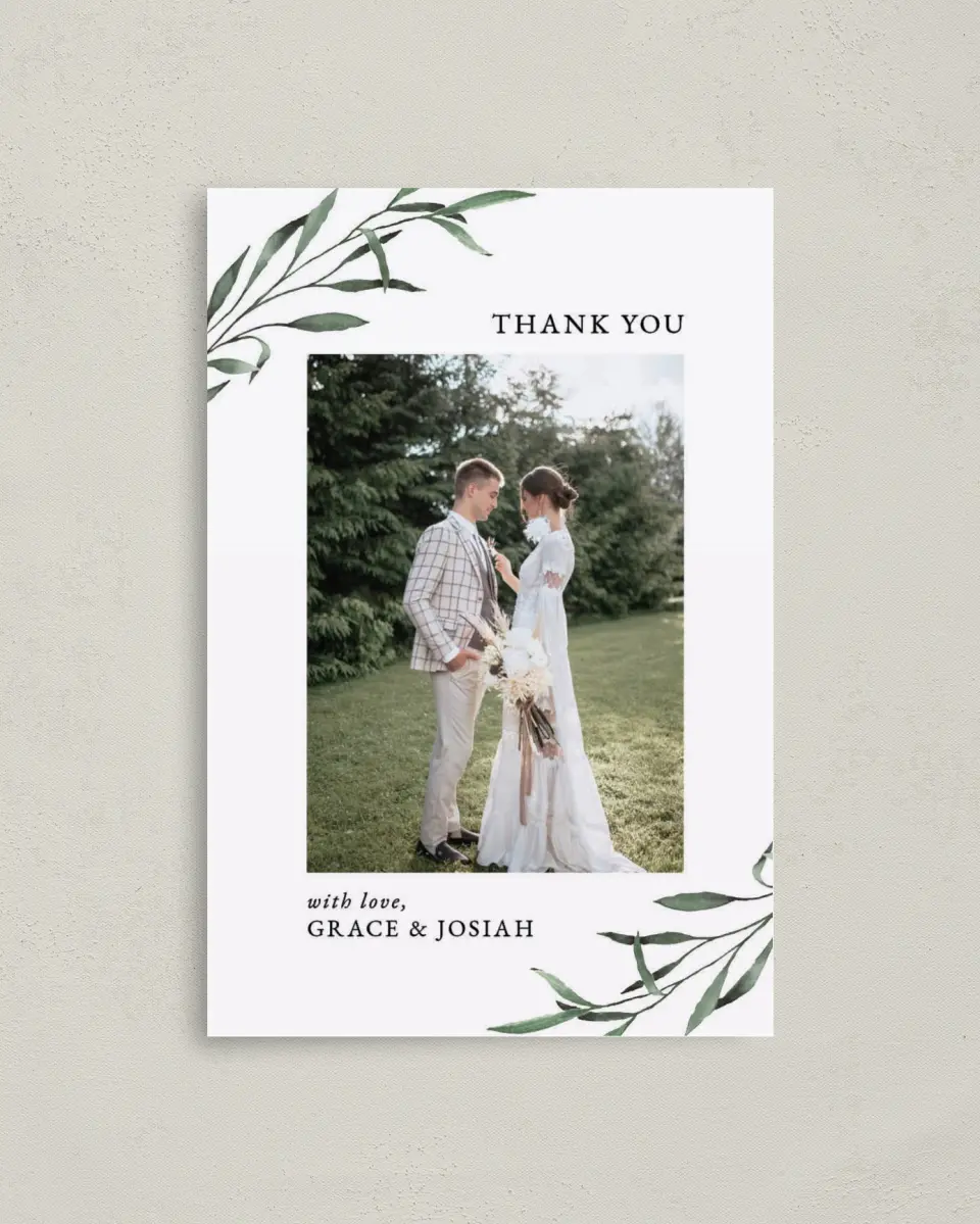 This is a 4" x 6" Folded Thank You Card called Tender Twig printed in full color on Premium Smooth paper
