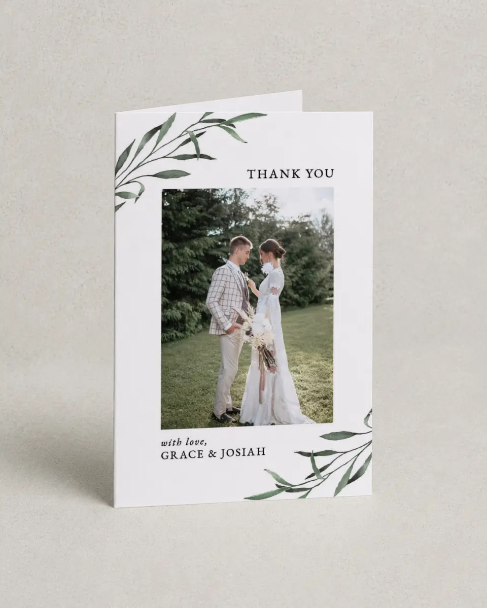 This is a 4" x 6" Folded Thank You Card called Tender Twig printed in full color on Premium Smooth paper