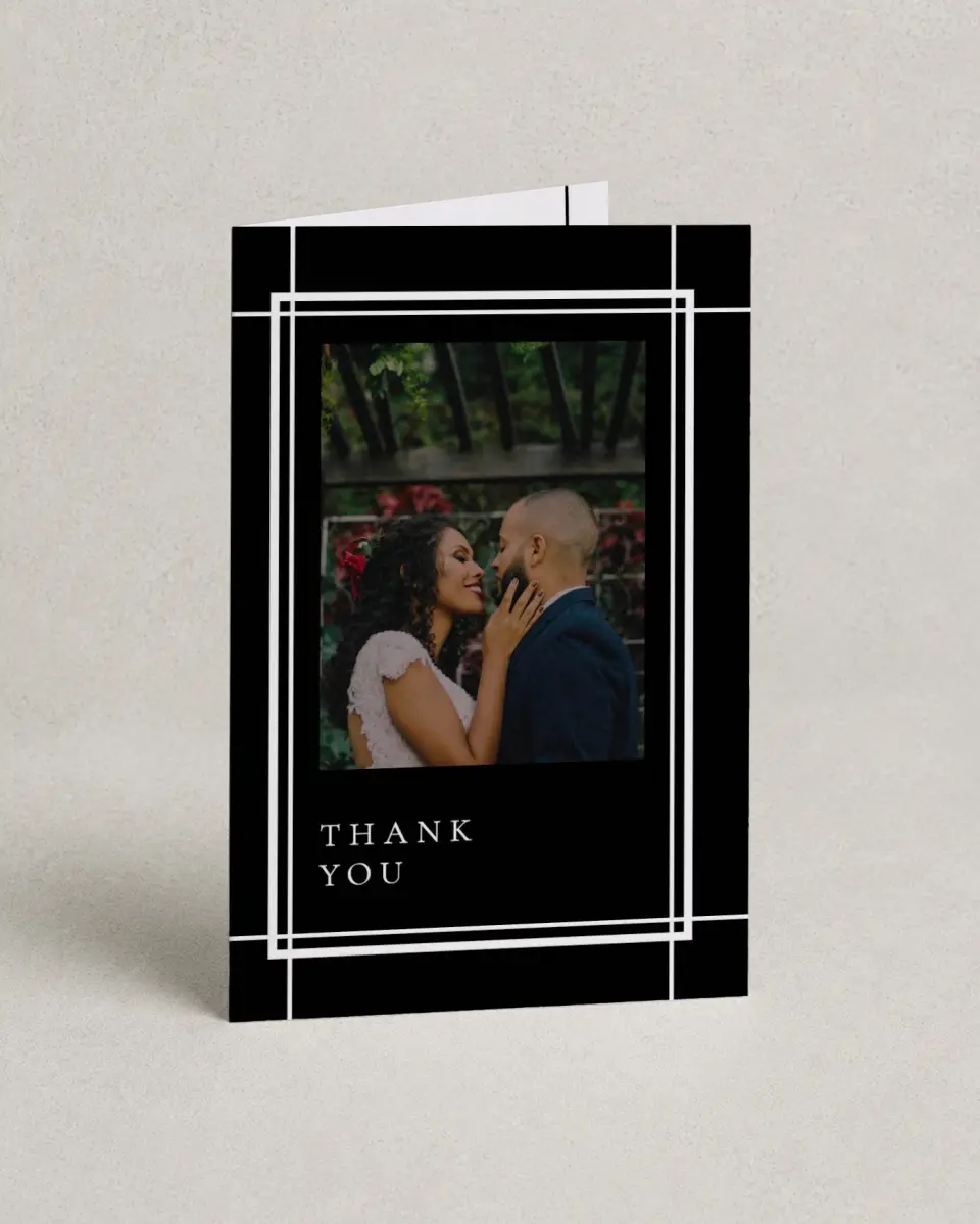 This is a 4" x 6" Folded Thank You Card called Modern Trim printed in full color with Silver foil on Luxe Satin (coated) paper