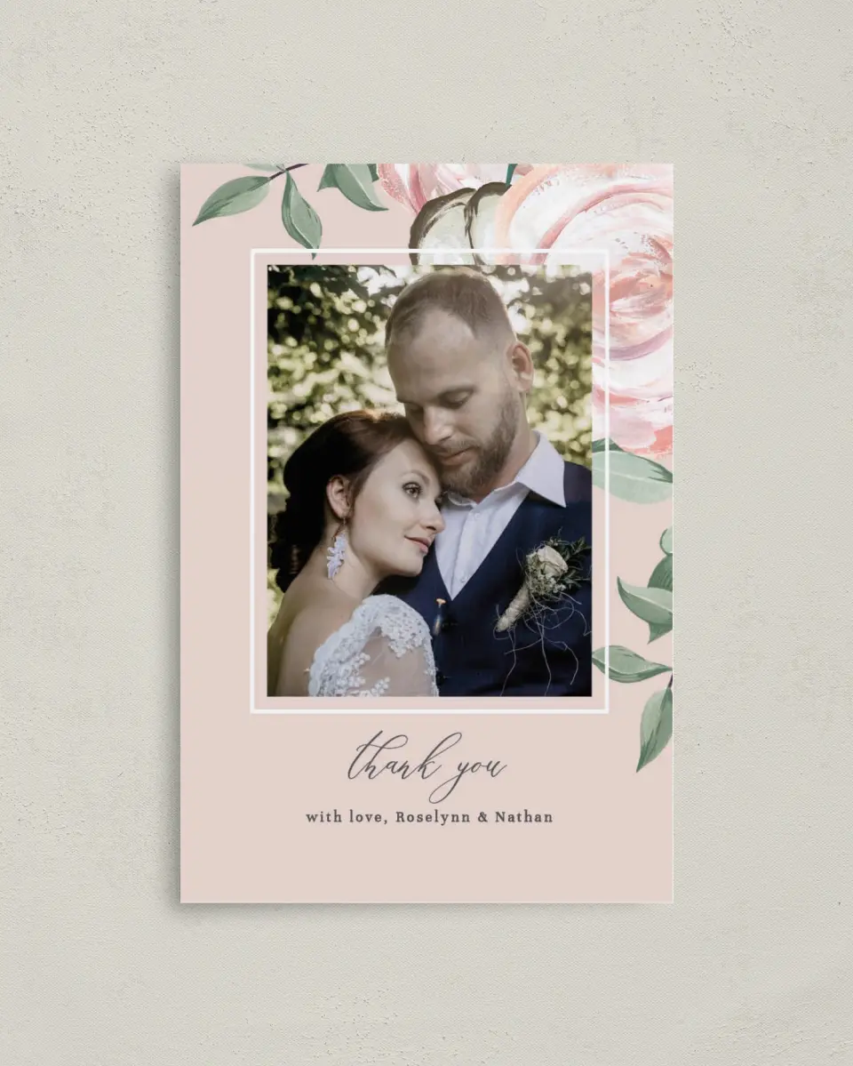 This is a 4" x 6" Folded Thank You Card called Soft Rose printed in full color on Premium Smooth paper