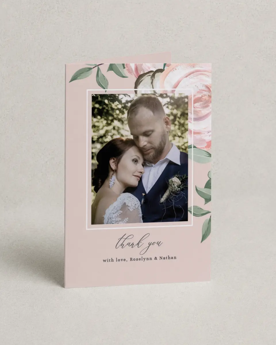 This is a 4" x 6" Folded Thank You Card called Soft Rose printed in full color on Premium Smooth paper