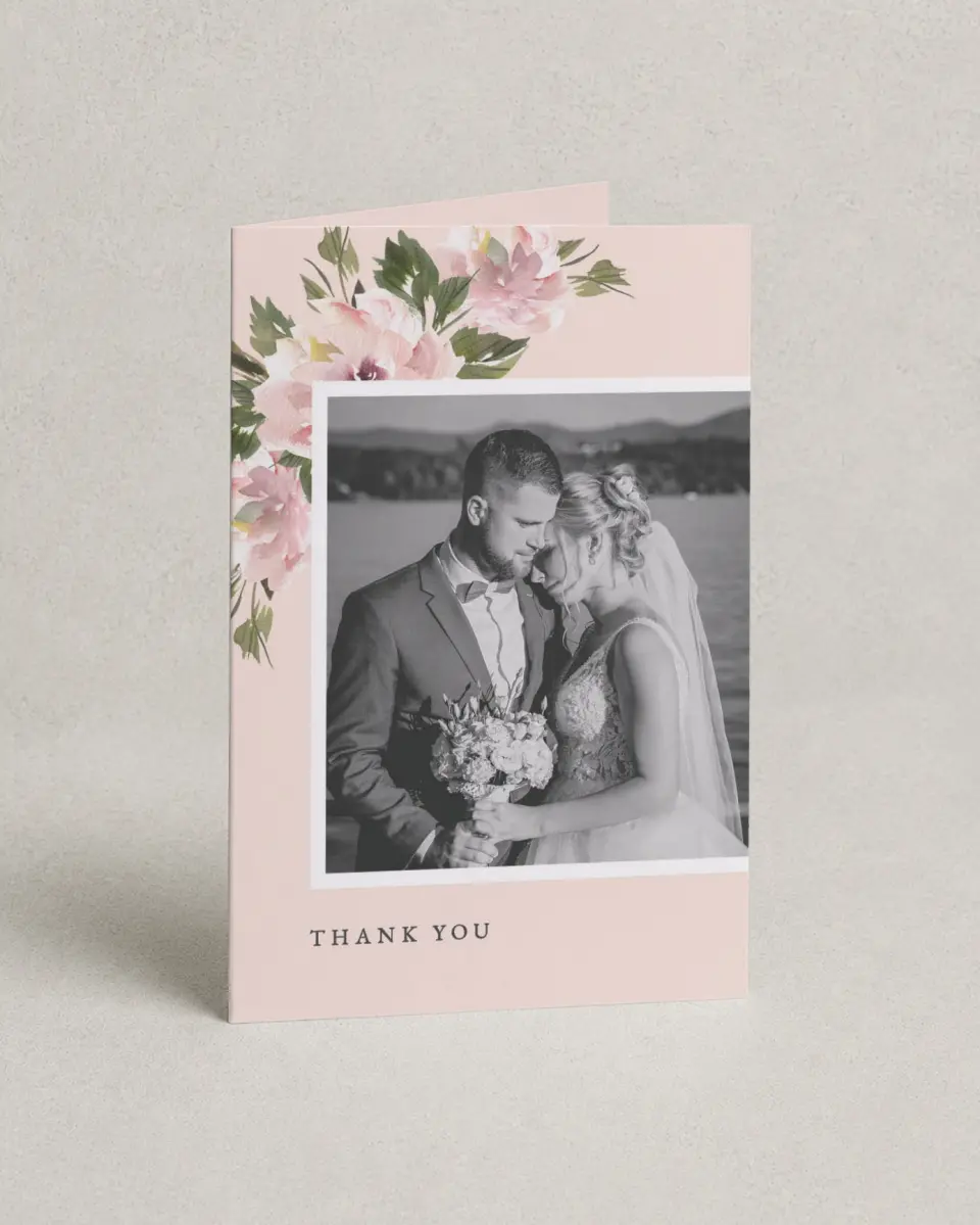 This is a 4" x 6" Folded Thank You Card called Sweet Floral printed in full color on Premium Smooth paper