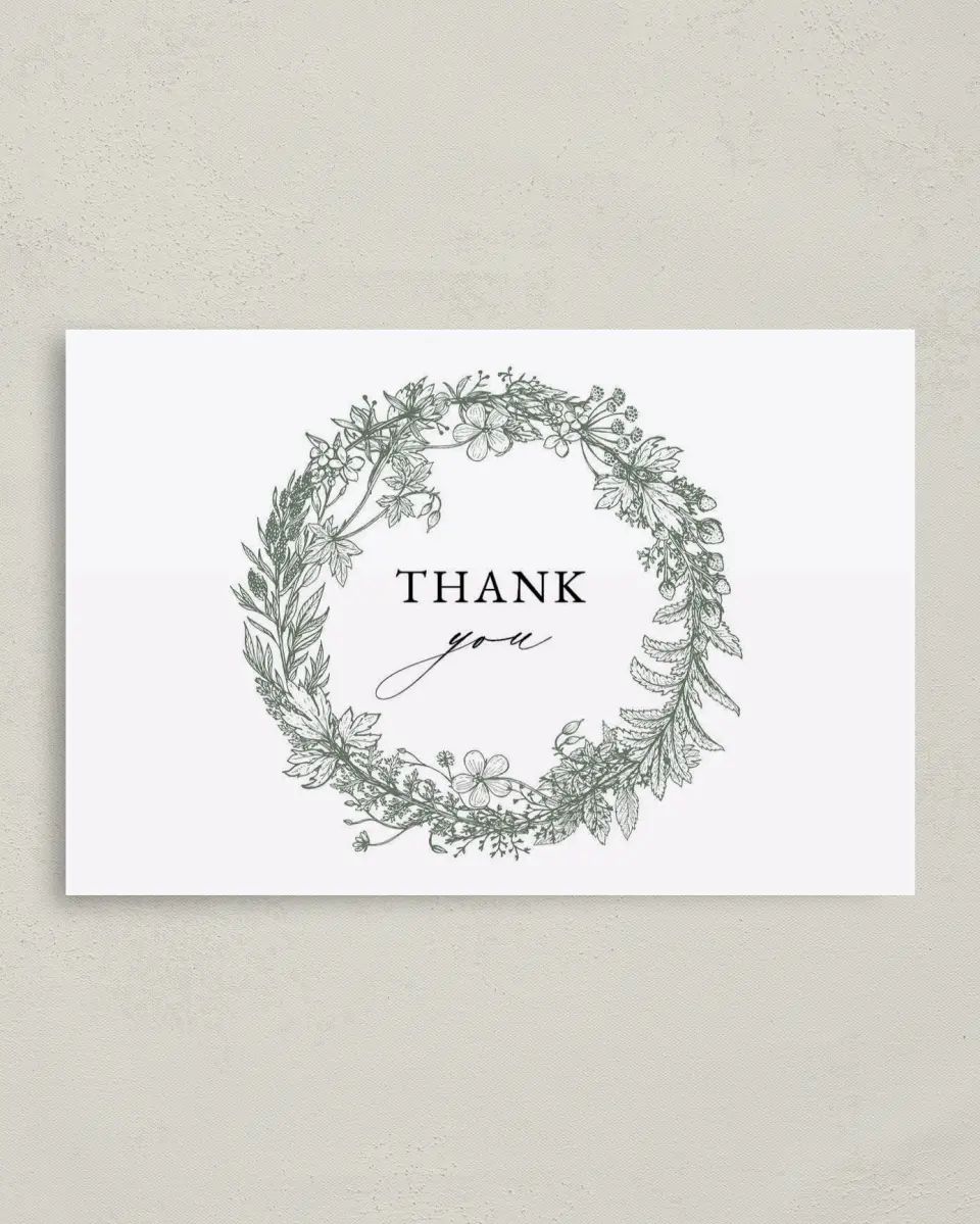 This is a 4" x 6" Folded Newlywed called Budding Wreath printed in full color on Premium Smooth paper