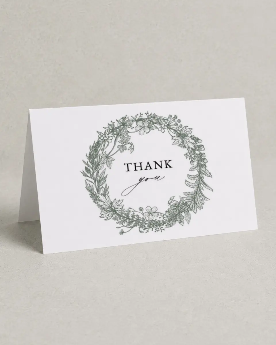 This is a 4" x 6" Folded Newlywed called Budding Wreath printed in full color on Premium Smooth paper