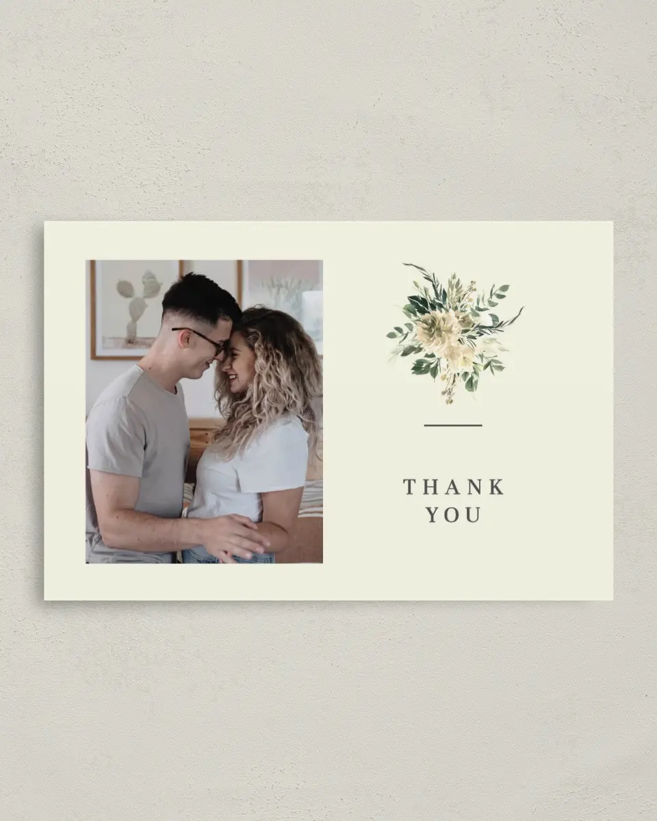 This is a 4" x 6" Folded Thank You Card called Honest Bouquet printed in full color on Premium Smooth paper