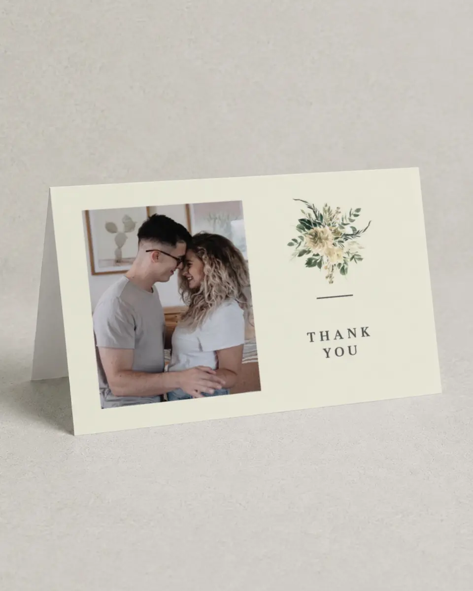 This is a 4" x 6" Folded Thank You Card called Honest Bouquet printed in full color on Premium Smooth paper