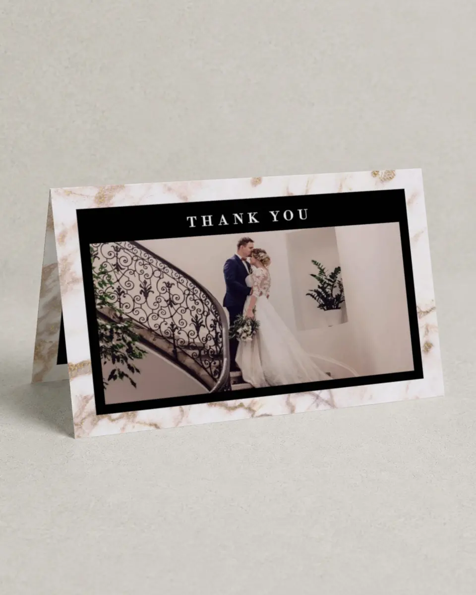 This is a 4" x 6" Folded Thank You Card called Classic Count printed in full color with Silver foil on Luxe Satin (coated) paper