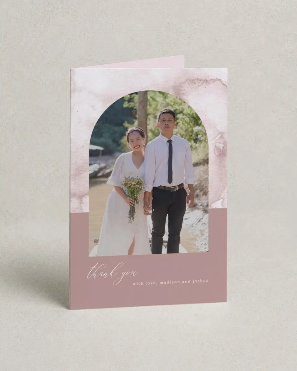 This is a 4" x 6" Folded Thank You Card called Gentle Touch printed in full color with Silver foil on Luxe Satin (coated) paper