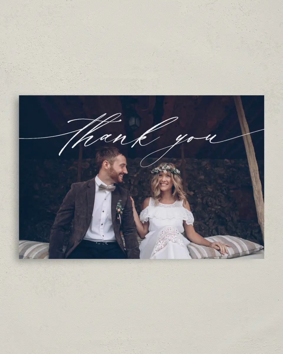 This is a 4" x 6" Folded Thank You Card called Simple Drama printed in full color on Premium Smooth paper