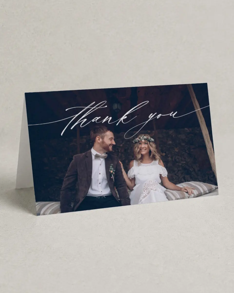 This is a 4" x 6" Folded Thank You Card called Simple Drama printed in full color on Premium Smooth paper