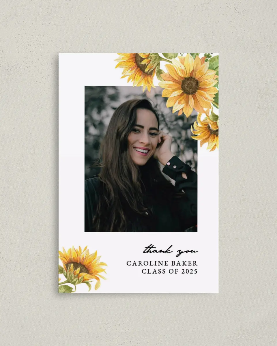This is a 4" x 6" Folded Graduation Thank You Card called Sunflower Student printed in full color on Premium Smooth paper