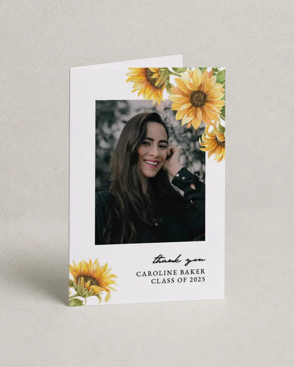 This is a 4" x 6" Folded Graduation Thank You Card called Sunflower Student printed in full color with Silver foil on Luxe Satin (coated) paper