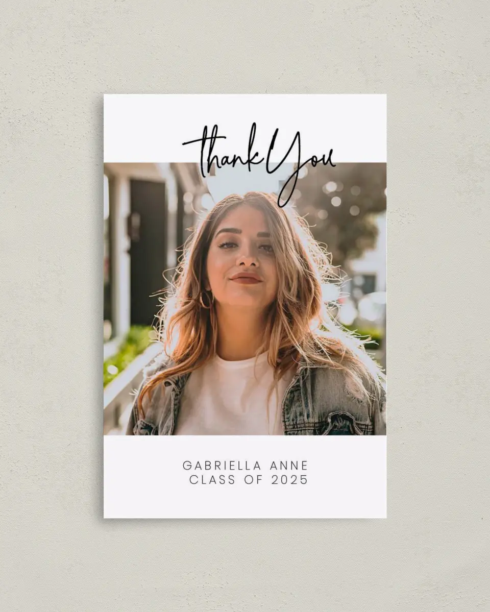 This is a 4" x 6" Folded Graduation Thank You Card called What a Year! printed in full color on Premium Smooth paper