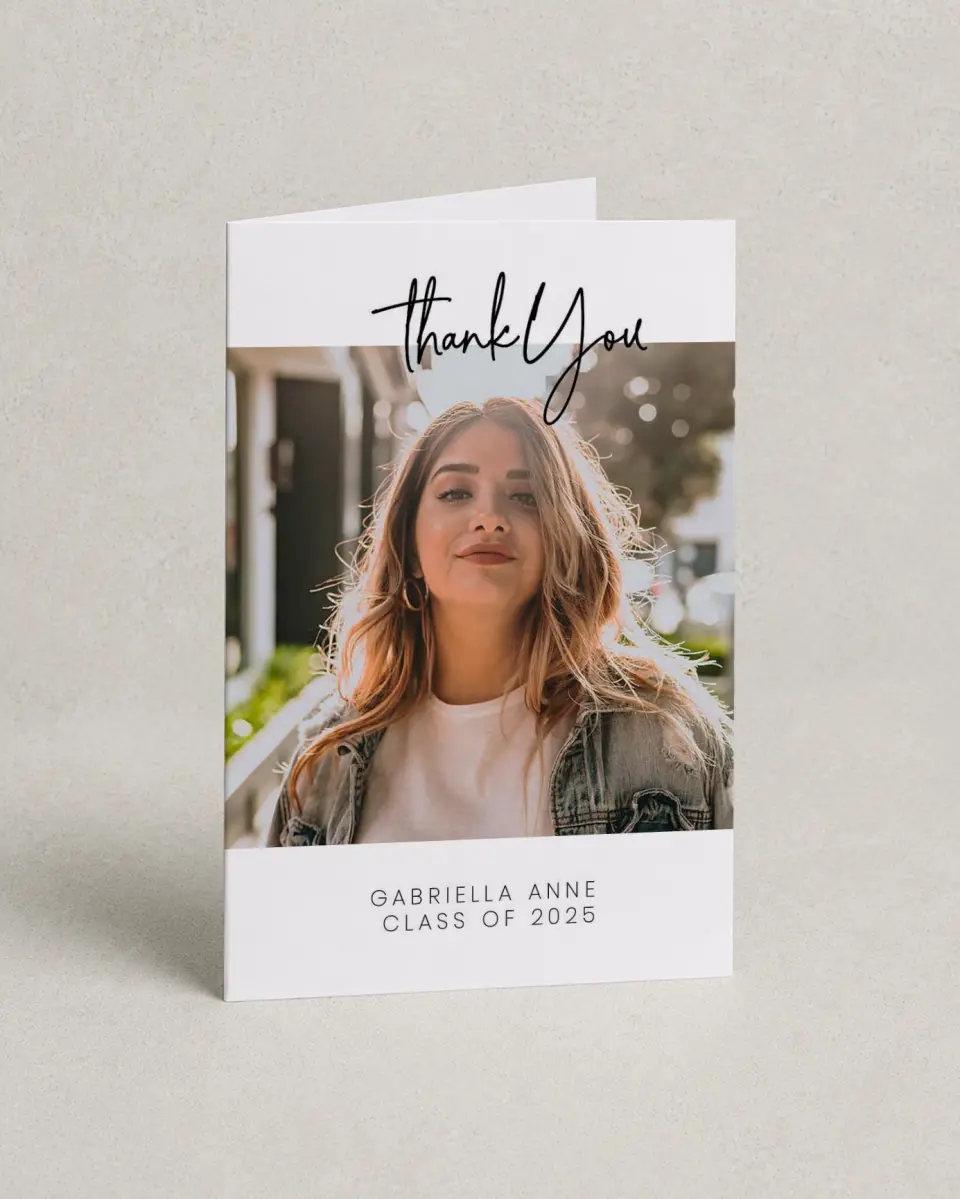This is a 4" x 6" Folded Graduation Thank You Card called What a Year! printed in full color with Rose Gold foil on Luxe Satin (coated) paper