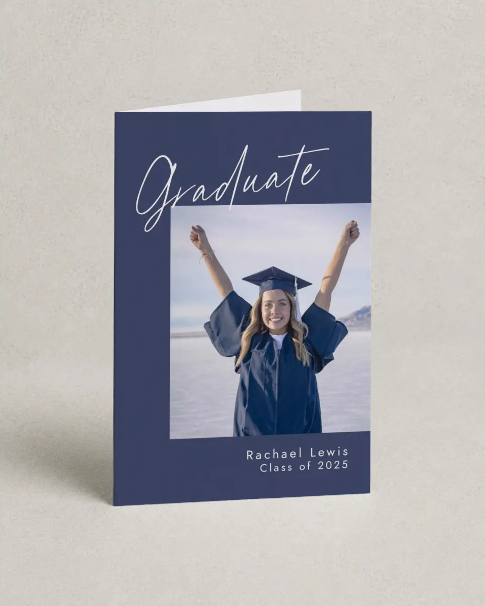 This is a 4" x 6" Folded Graduation Thank You Card called Smart Script printed in full color on Premium Smooth paper