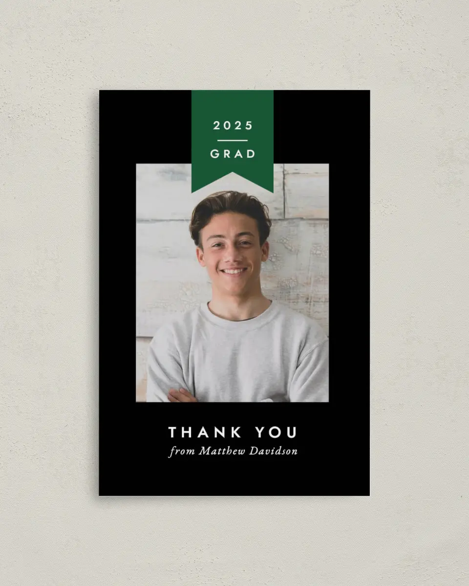 This is a 4" x 6" Folded Graduation Thank You Card called Grad Banner printed in full color on Premium Smooth paper