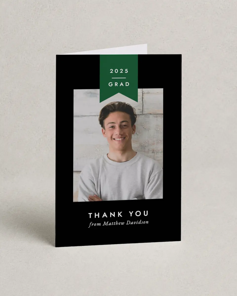 This is a 4" x 6" Folded Graduation Thank You Card called Grad Banner printed in full color with Gold foil on Luxe Satin (coated) paper