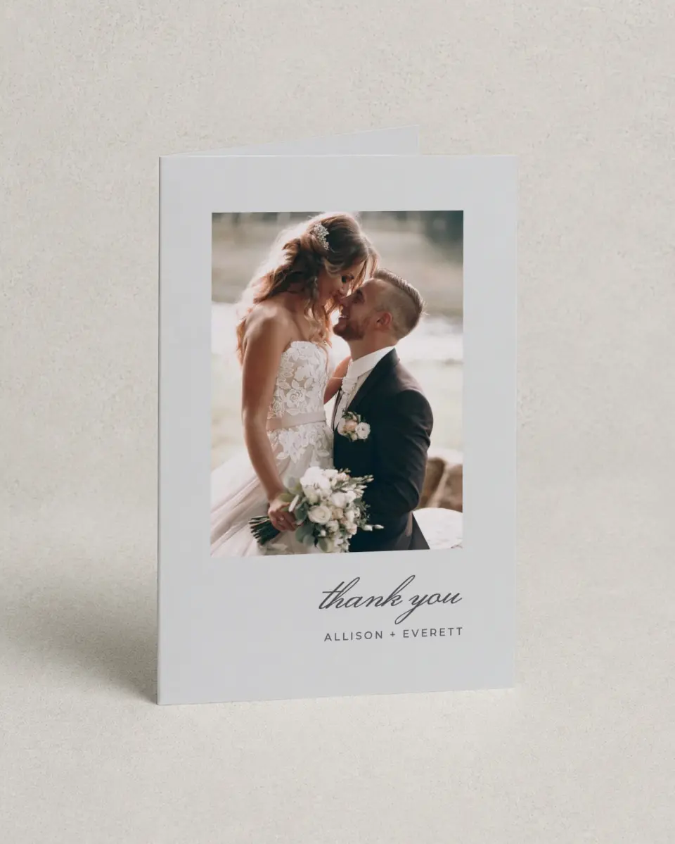 This is a 4" x 6" Folded Thank You Card called Initial Hush printed in full color with Silver foil on Luxe Satin (coated) paper