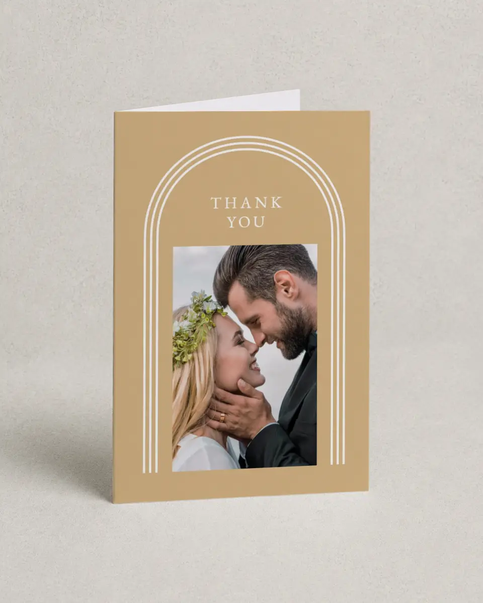 This is a 4" x 6" Folded Thank You Card called Charming Arch printed in full color with Silver foil on Luxe Satin (coated) paper