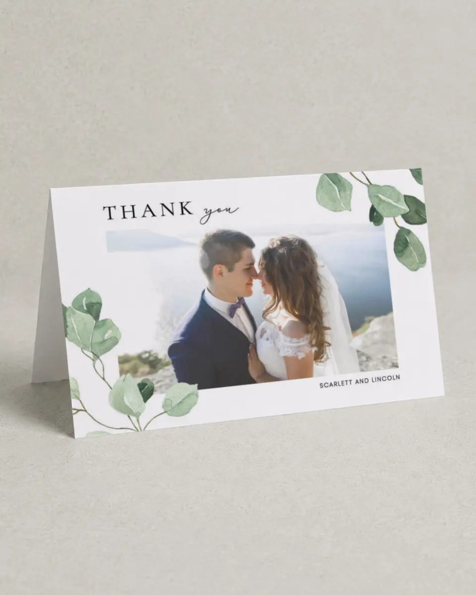 This is a 4" x 6" Folded Thank You Card called Sweet Greenery printed in full color on Premium Smooth paper