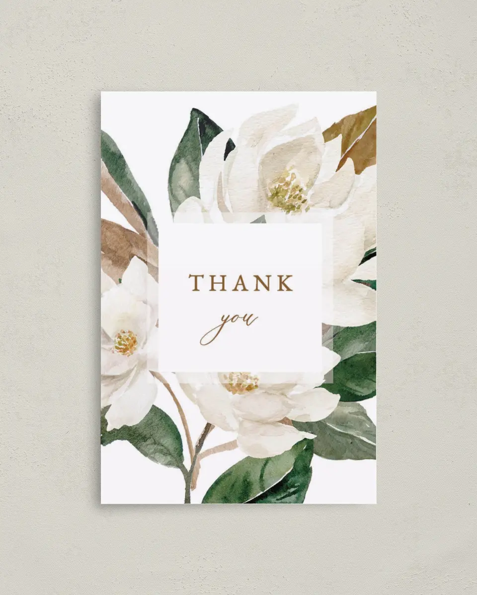 This is a 4" x 6" Folded Thank You Card called Soft Magnolia printed in full color on Premium Smooth paper