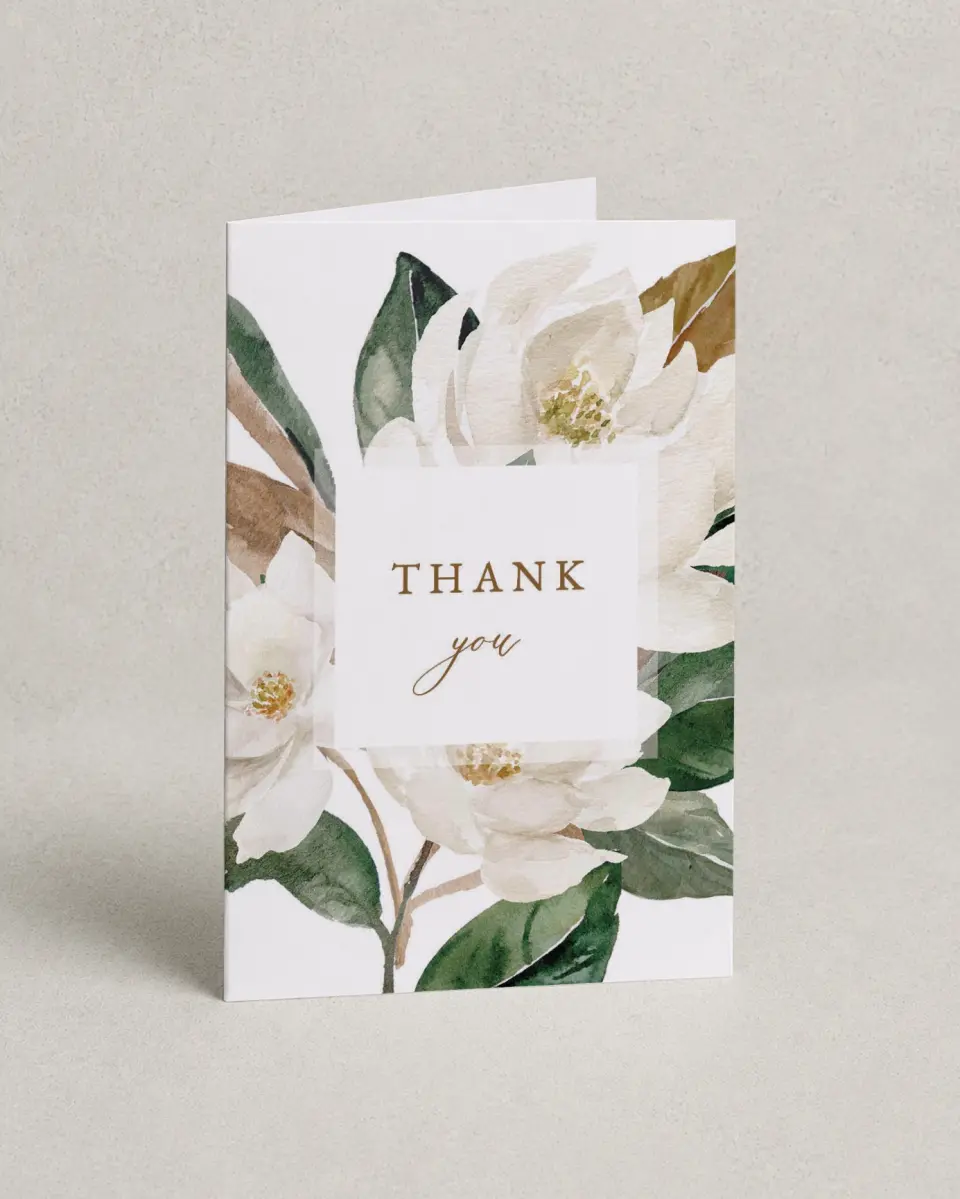 This is a 4" x 6" Folded Thank You Card called Soft Magnolia printed in full color on Premium Smooth paper