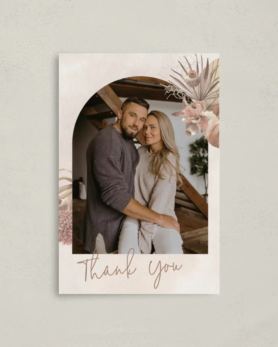 This is a 4" x 6" Folded Thank You Card called Boho Blooms printed in full color on Premium Smooth paper