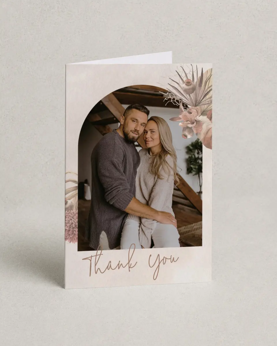This is a 4" x 6" Folded Thank You Card called Boho Blooms printed in full color on Premium Smooth paper
