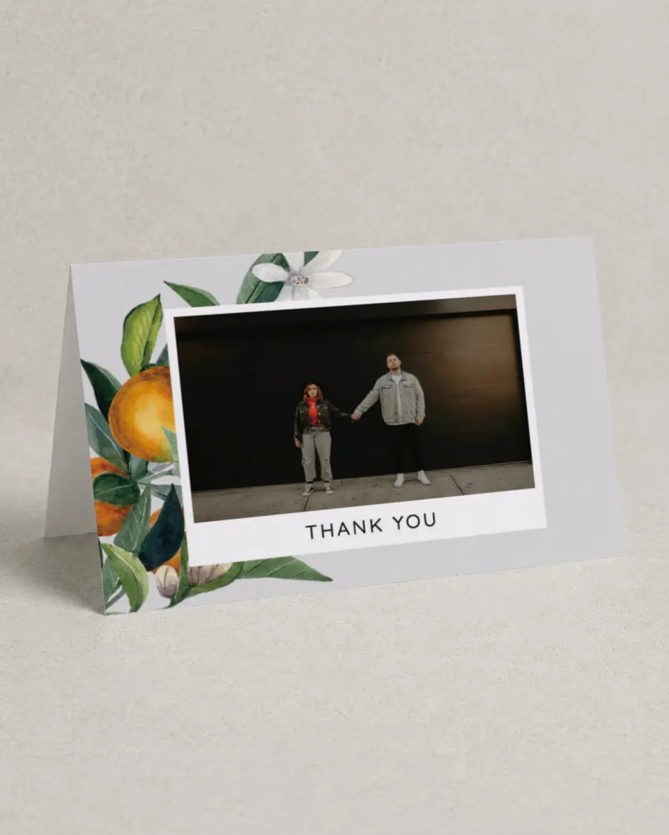 This is a 4" x 6" Folded Thank You Card called Mod Citrus printed in full color with Silver foil on Luxe Satin (coated) paper