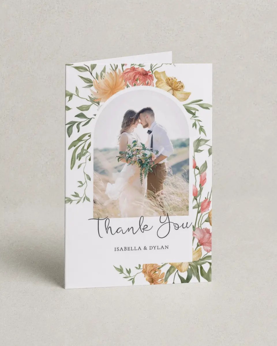This is a 4" x 6" Folded Thank You Card called Secluded Blooms printed in full color on Premium Smooth paper