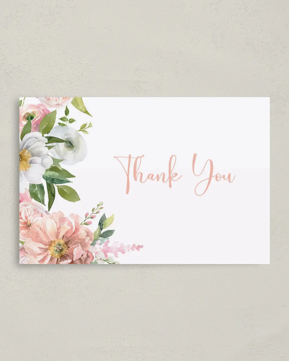 This is a 4" x 6" Folded Baby Shower Thank You Card called Blossoming Baby printed in full color on Premium Smooth paper