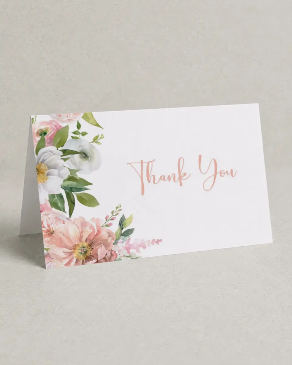This is a 4" x 6" Folded Baby Shower Thank You Card called Blossoming Baby printed in full color on Premium Smooth paper