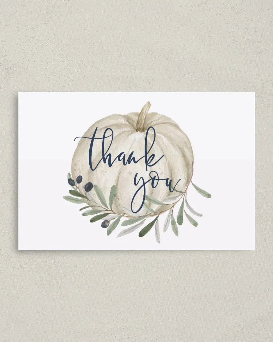 This is a 4" x 6" Folded Baby Shower Thank You Card called Little Pumpkin printed in full color on Premium Smooth paper