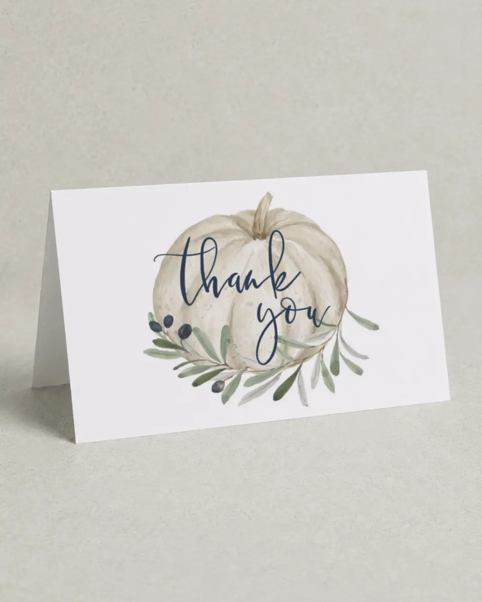 This is a 4" x 6" Folded Baby Shower Thank You Card called Little Pumpkin printed in full color on Premium Smooth paper