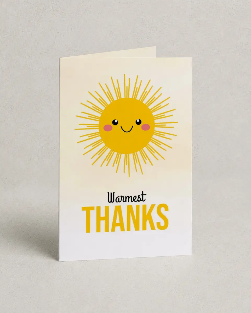 This is a 4" x 6" Folded Baby Shower Thank You Card called Little Sunshine printed in full color with Silver foil on Luxe Satin (coated) paper