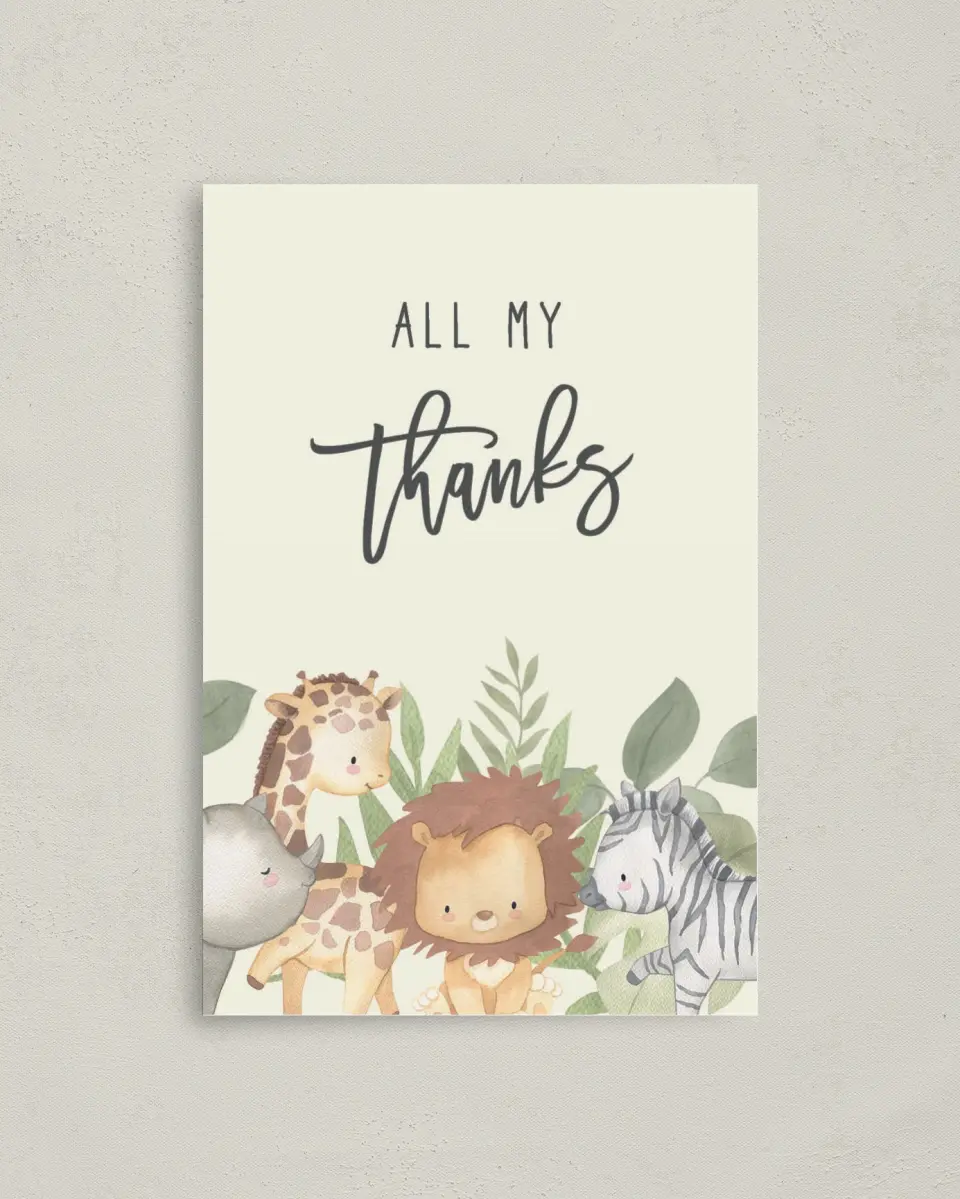 This is a 4" x 6" Folded Baby Shower Thank You Card called Sweet Safari printed in full color on Premium Smooth paper