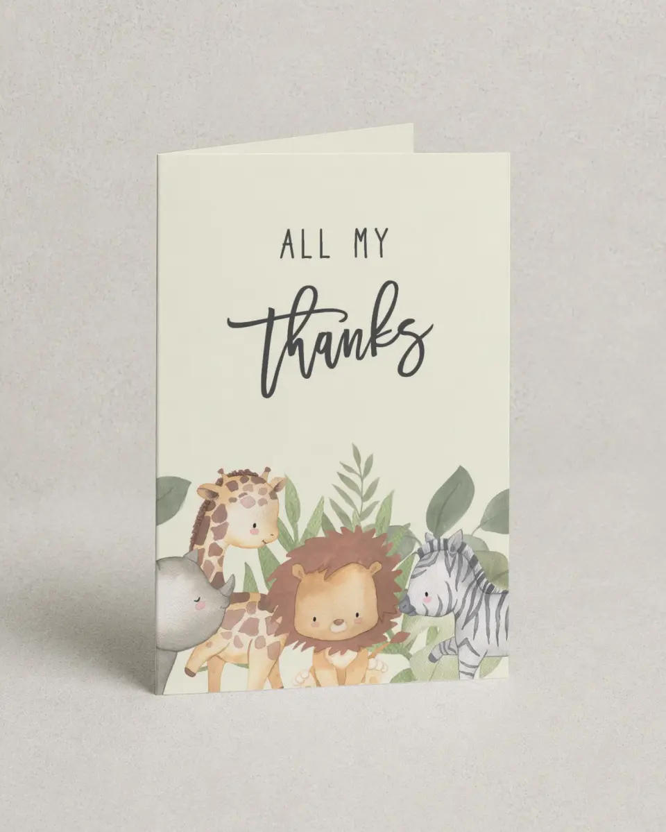This is a 4" x 6" Folded Baby Shower Thank You Card called Sweet Safari printed in full color with Rose Gold foil on Luxe Satin (coated) paper