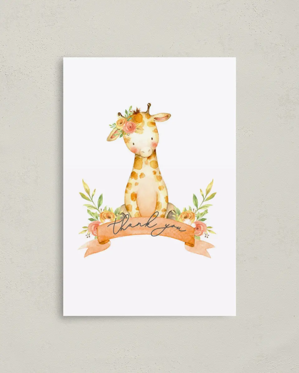 This is a 4" x 6" Folded Baby Shower Thank You Card called Lovely Giraffe printed in full color on Premium Smooth paper