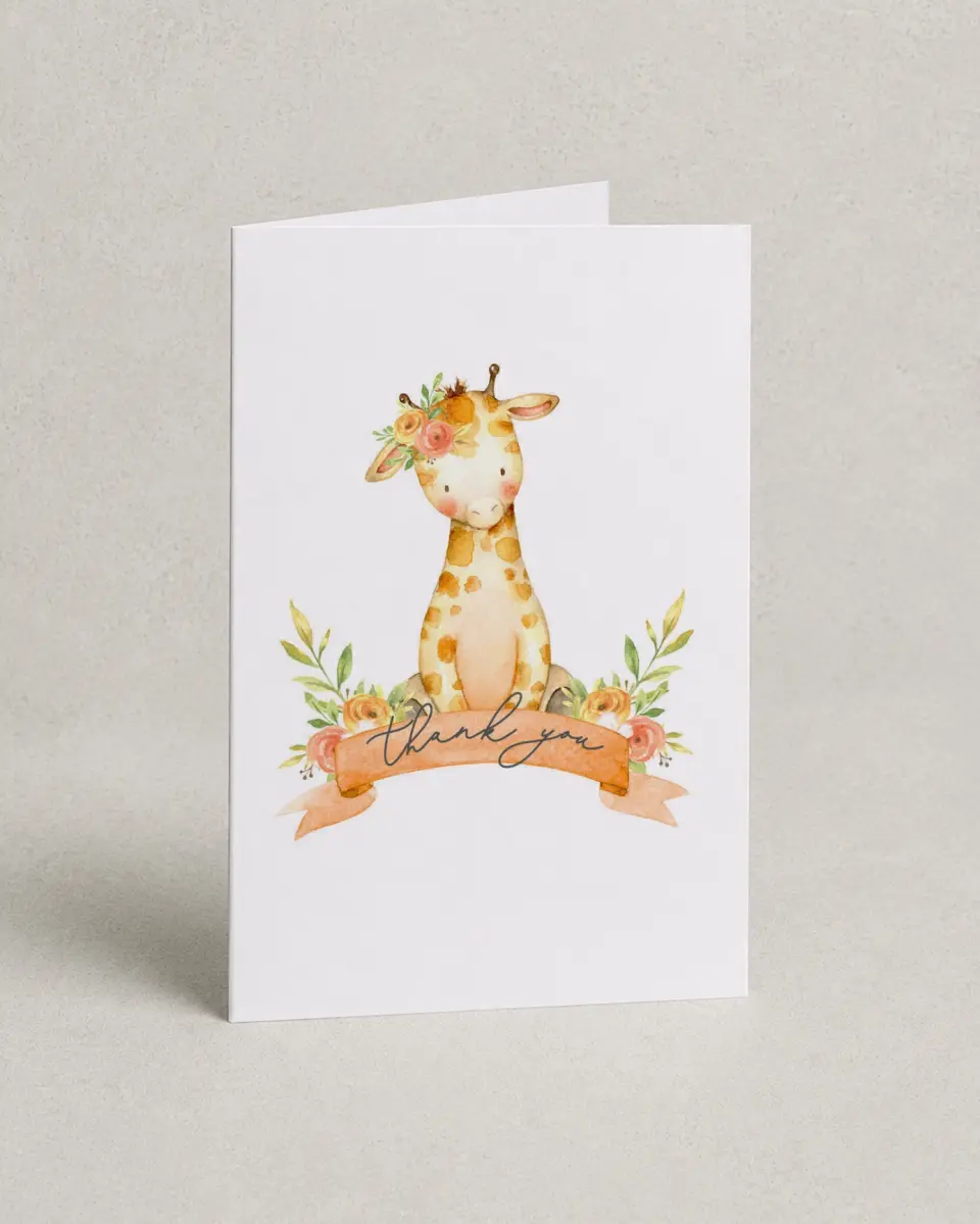 This is a 4" x 6" Folded Baby Shower Thank You Card called Lovely Giraffe printed in full color with Gold foil on Luxe Satin (coated) paper