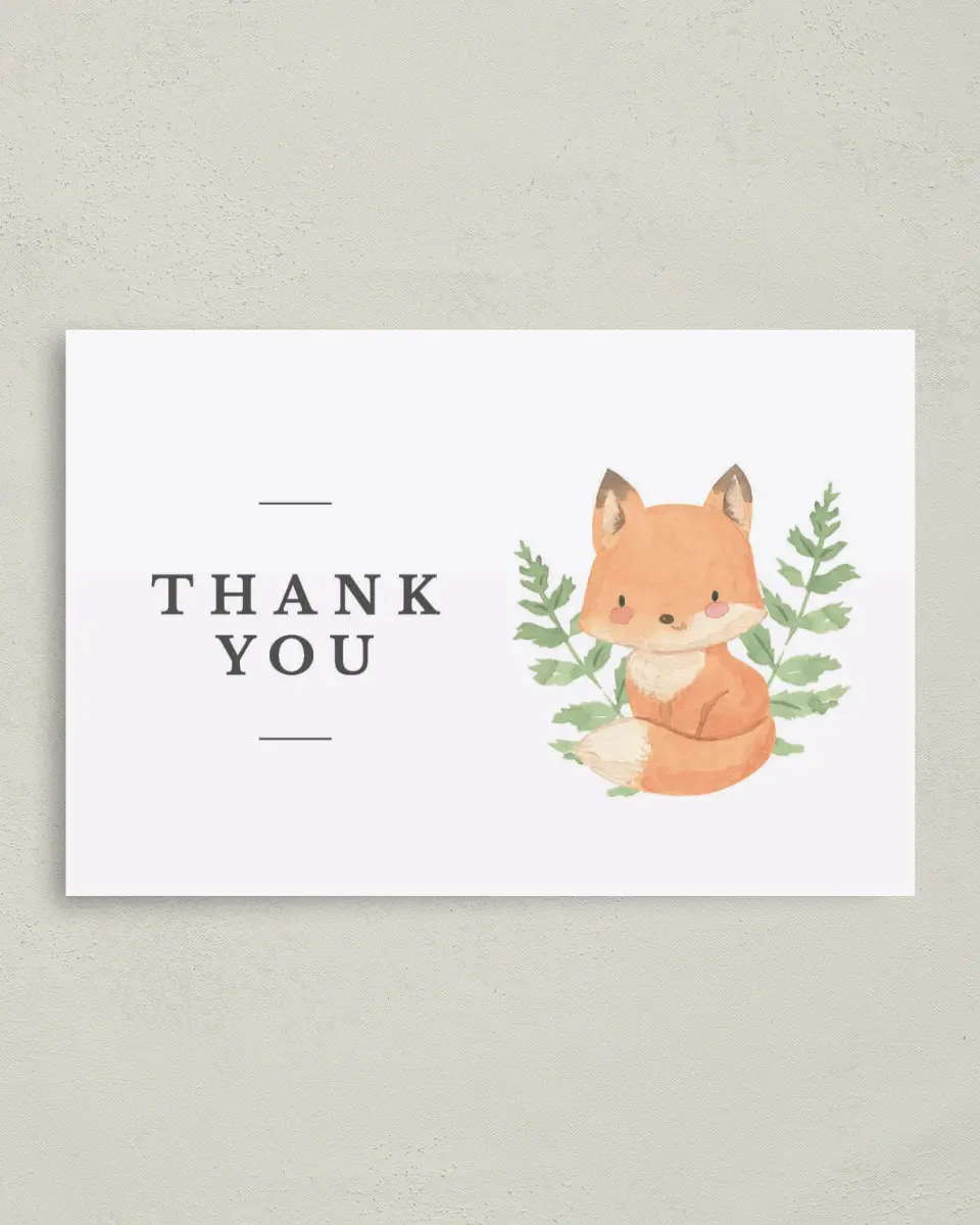 This is a 4" x 6" Folded Baby Shower Thank You Card called Baby Fox printed in full color on Premium Smooth paper