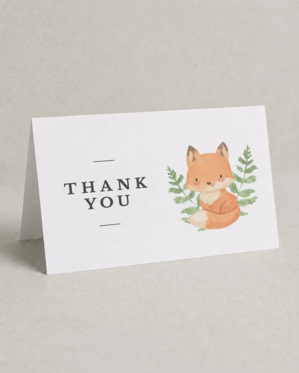 This is a 4" x 6" Folded Baby Shower Thank You Card called Baby Fox printed in full color on Premium Smooth paper