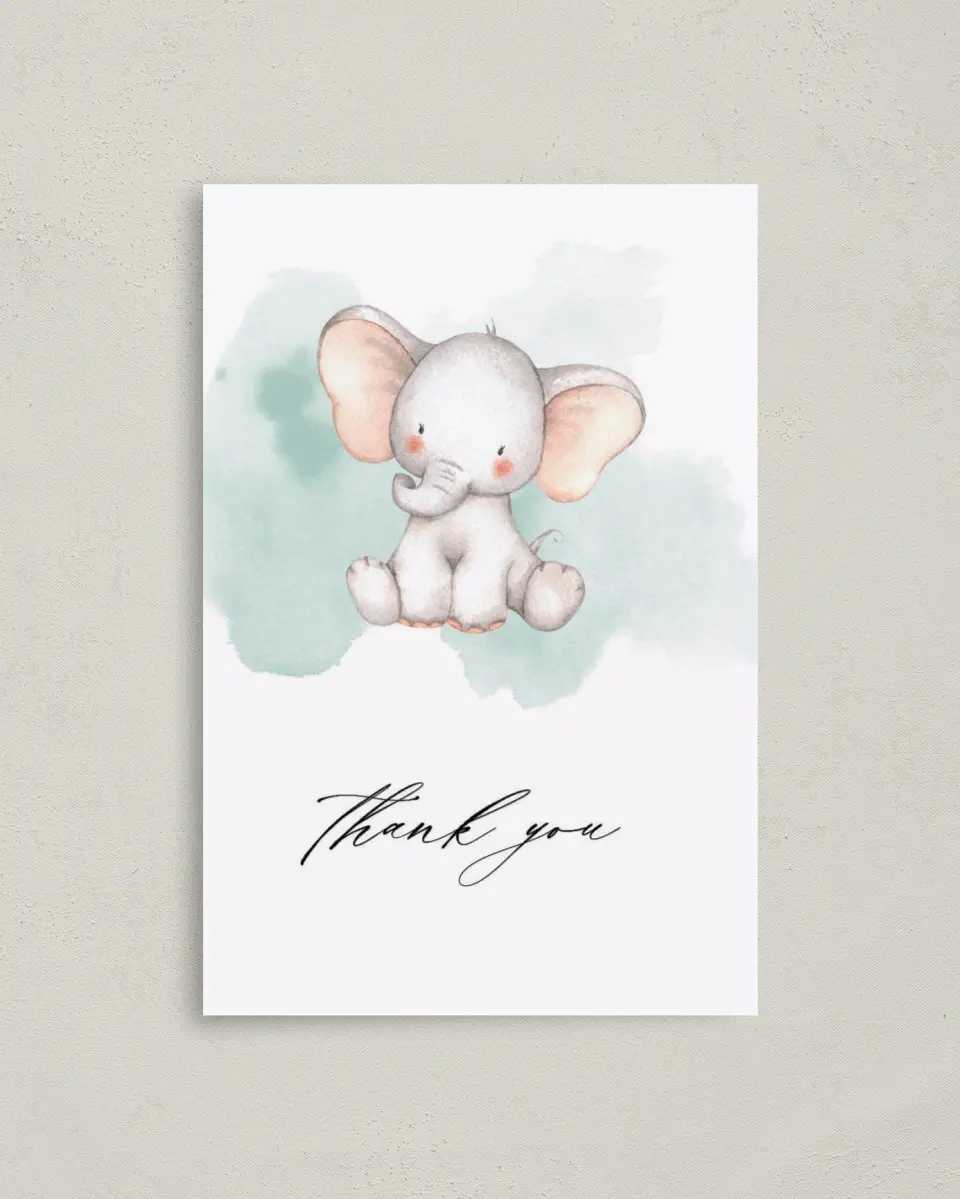 This is a 4" x 6" Folded Baby Shower Thank You Card called Little Elephant printed in full color on Premium Smooth paper