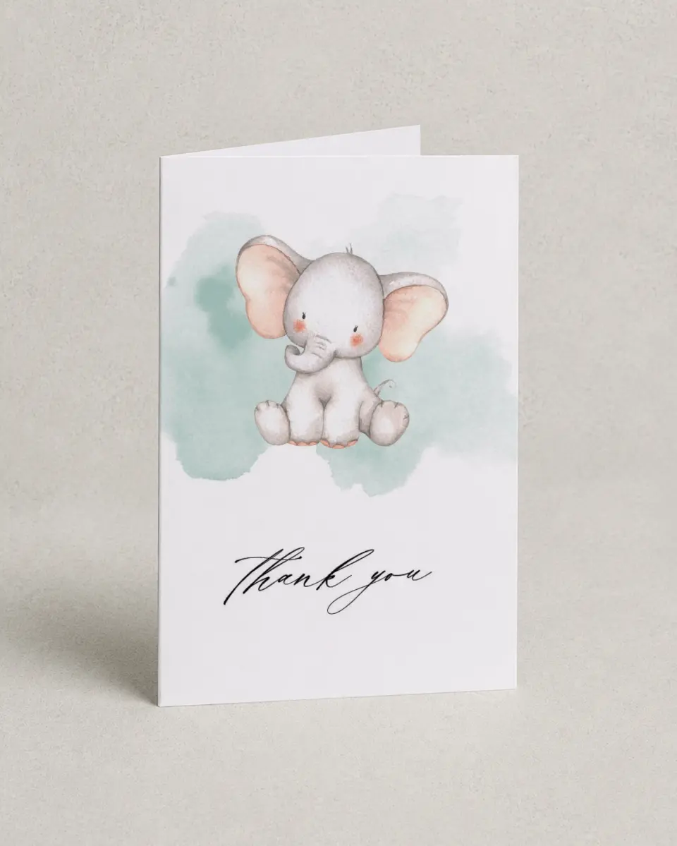 This is a 4" x 6" Folded Baby Shower Thank You Card called Little Elephant printed in full color on Premium Smooth paper