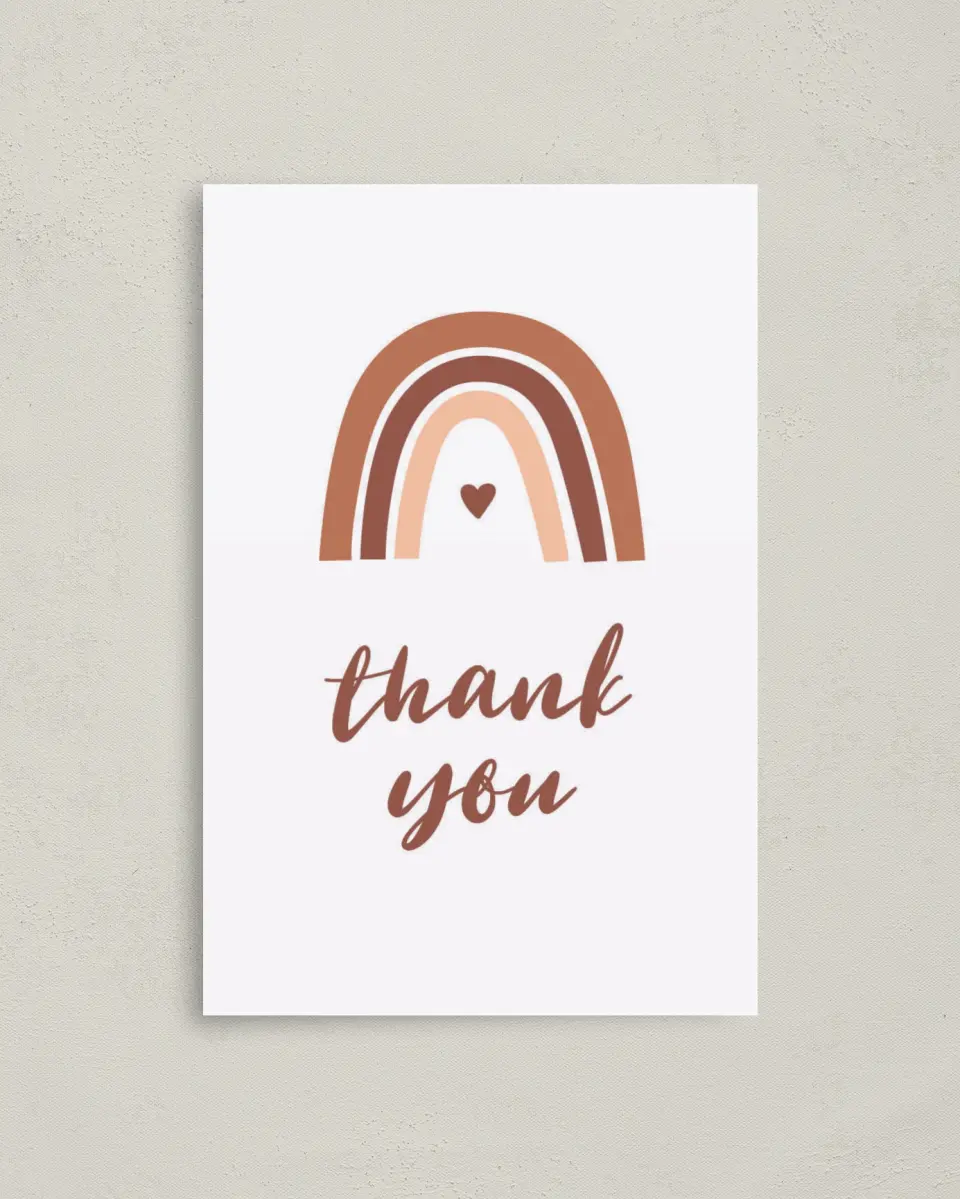 This is a 4" x 6" Folded Baby Shower Thank You Card called Boho Rainbow printed in full color on Premium Smooth paper