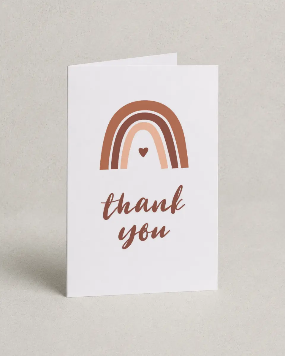 This is a 4" x 6" Folded Baby Shower Thank You Card called Boho Rainbow printed in full color with Gold foil on Luxe Satin (coated) paper