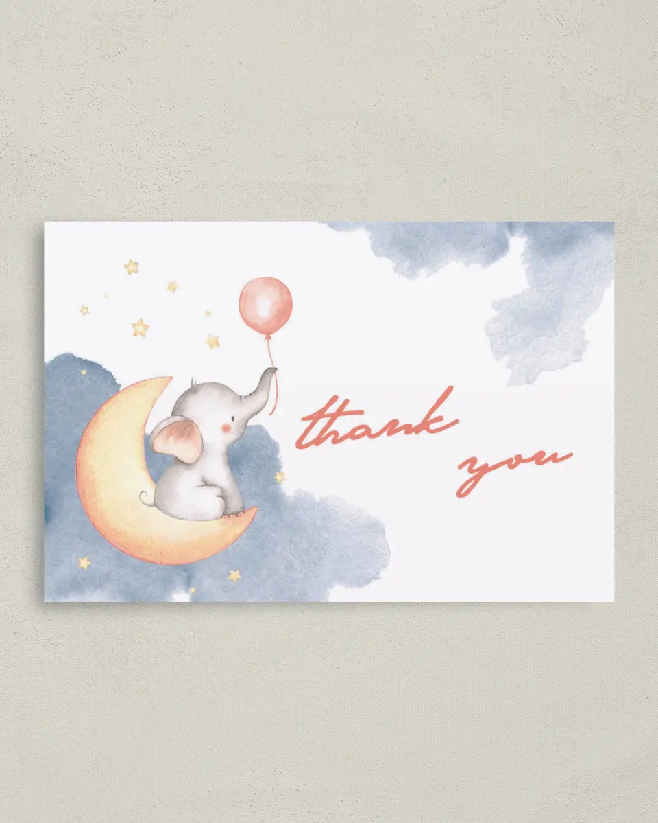 This is a 4" x 6" Folded Baby Shower Thank You Card called Elephant Moon printed in full color on Premium Smooth paper