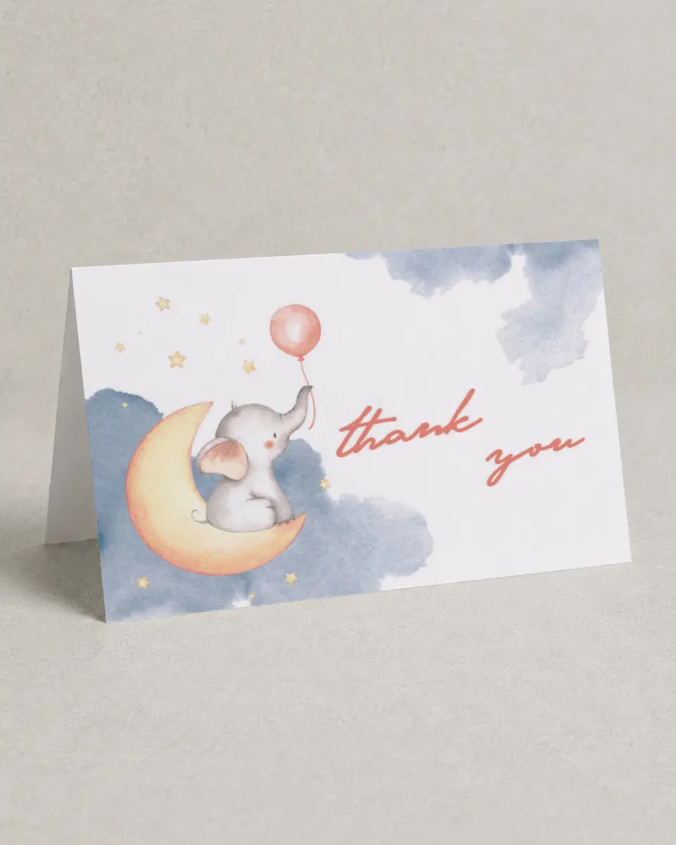 This is a 4" x 6" Folded Baby Shower Thank You Card called Elephant Moon printed in full color on Premium Smooth paper