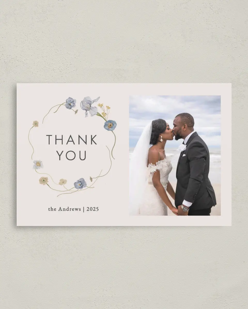 This is a 4" x 6" Folded Thank You Card called Tender Blooms printed in full color on Premium Smooth paper