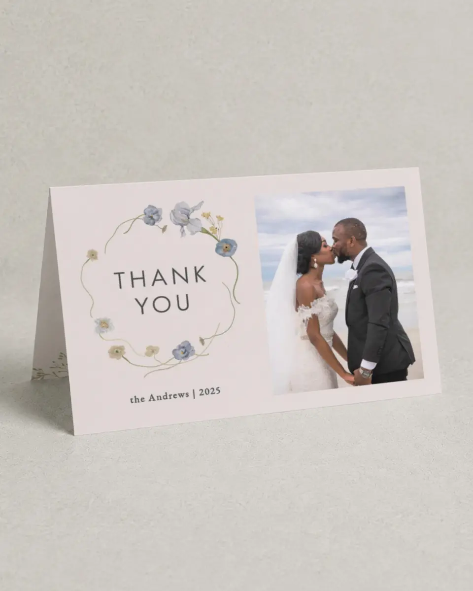 This is a 4" x 6" Folded Thank You Card called Tender Blooms printed in full color on Premium Smooth paper