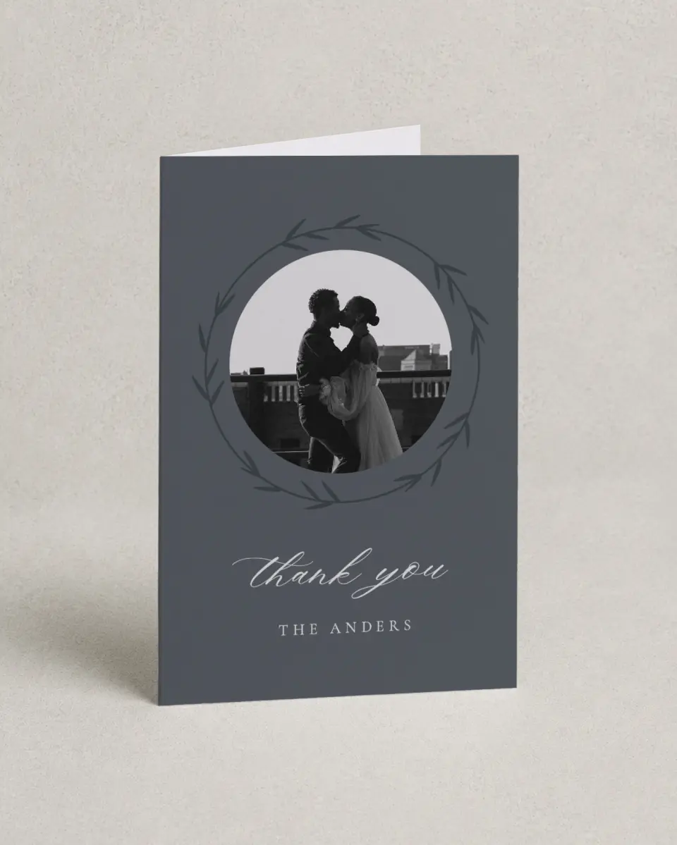 This is a 4" x 6" Folded Thank You Card called Subtle Wreath printed in full color on Premium Smooth paper